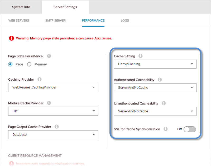 Cachin behavior settings