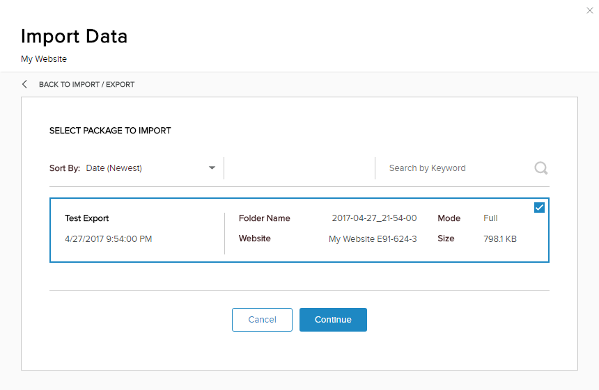 Package selected for import; Continue button enabled.