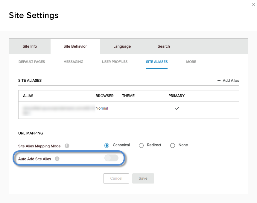 Site Settings > Site Behavior > Site Aliases — Auto Add Site Alias