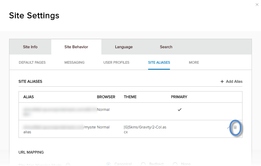 Site Settings > Site Behavior > Site Aliases — Delete