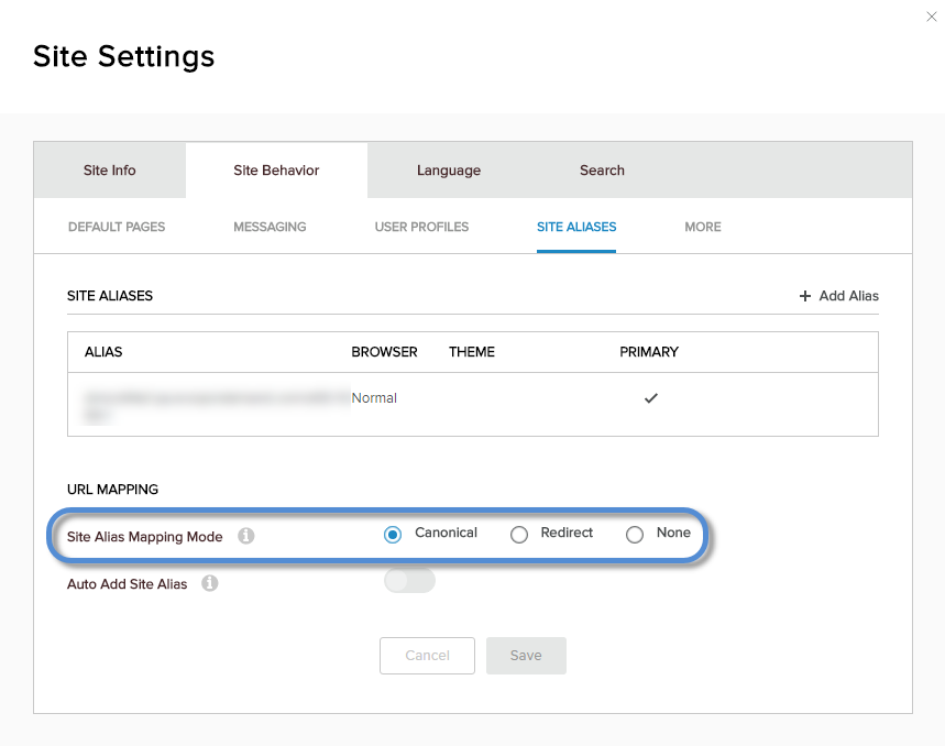 Site Settings > Site Behavior > Site Aliases — Site Alias Mapping Mode