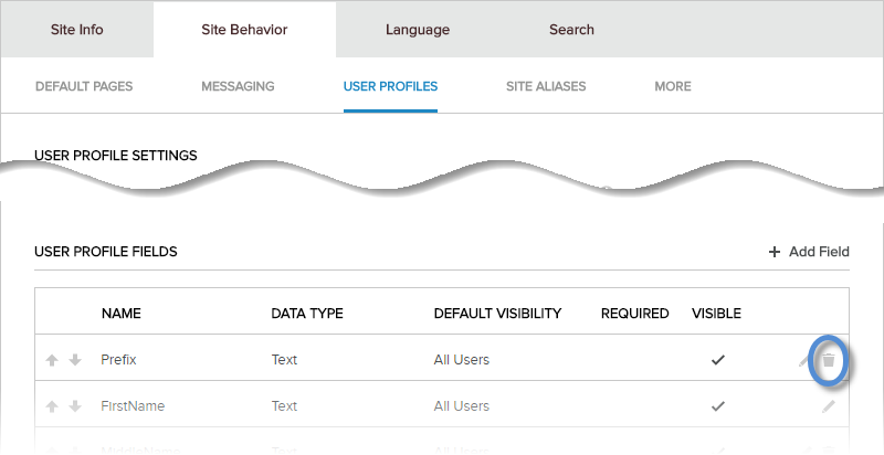 Site Settings > Site Behavior > User Profiles > User Profile Fields > Delete