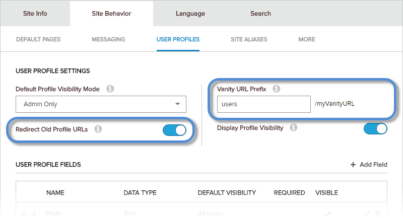 Site Settings > Site Behavior > User Profiles — vanity URL settings