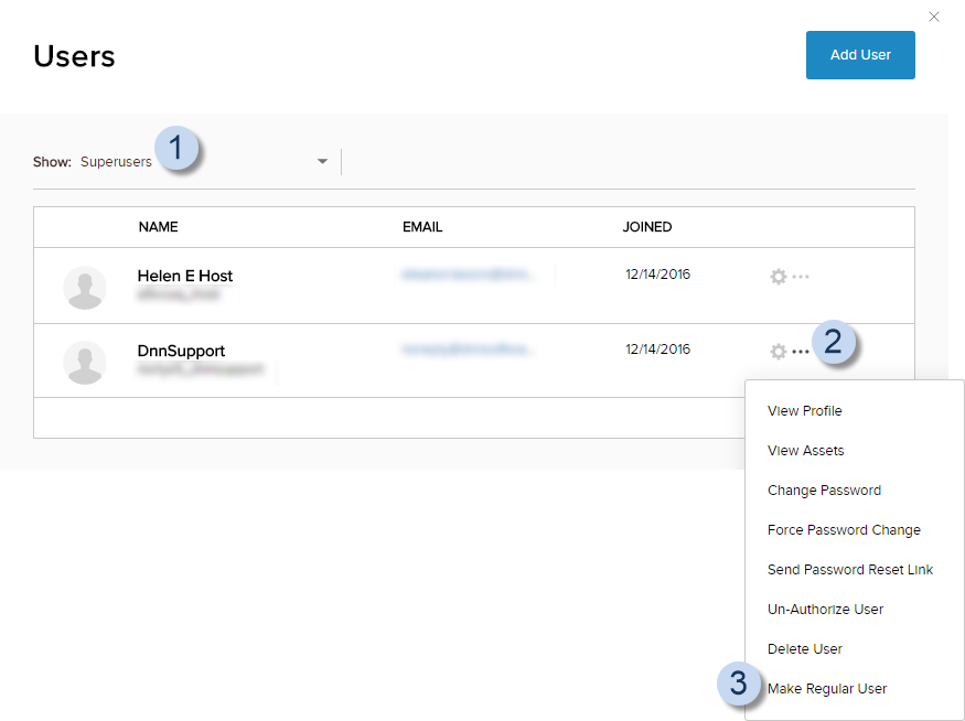 User List > Show: Superuser > find the user > ellipses icon > Make Regular User