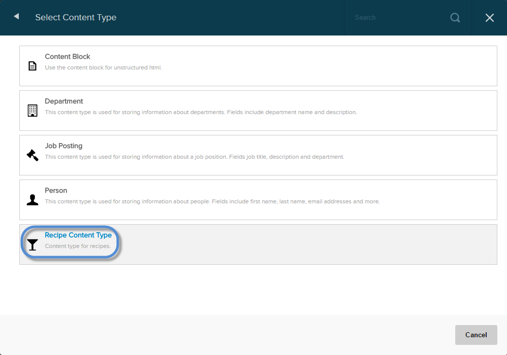 Select the Recipe Content Type.