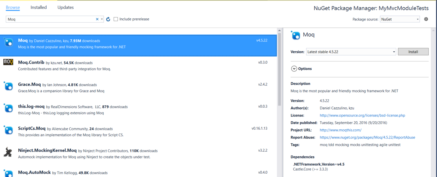 Moq Nuget Installation