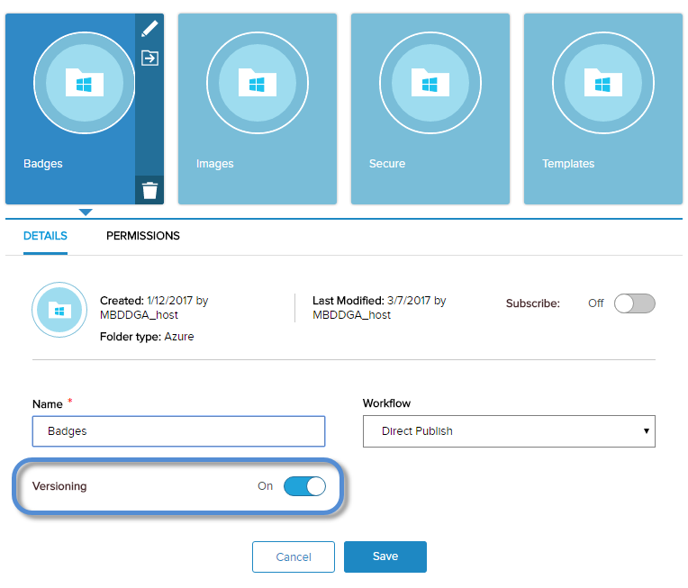 Content > Assets — Edit > Detail > Versioning