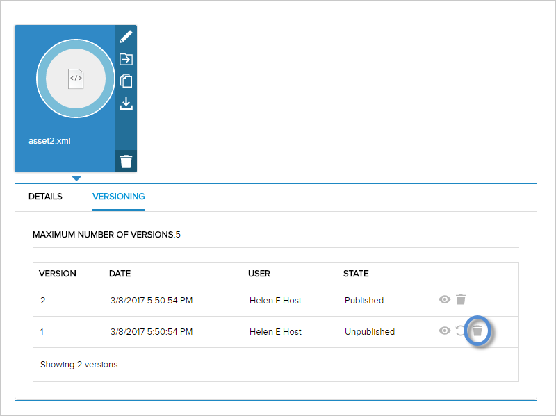 Asset > Edit > Versioning — Delete