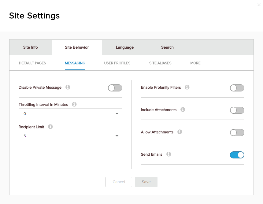 Site Settings > Site Behavior > Messaging