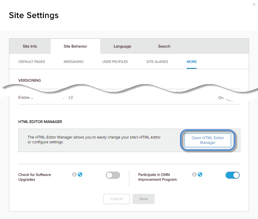 Site Settings > Site Behavior > More — Open HTML Editor Manager