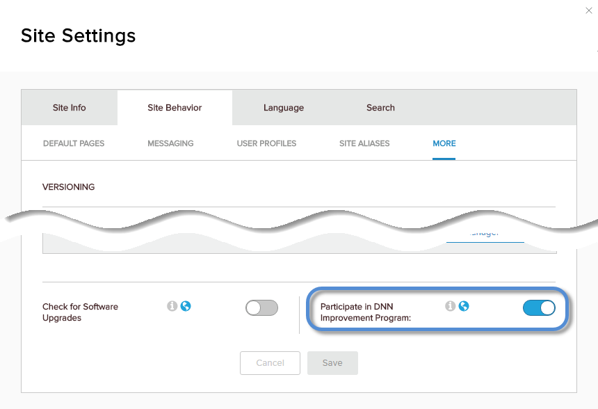 Site Settings > Site Behavior > More — Participate in DNN Improvement Program