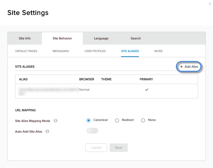 Site Settings > Site Behavior > Site Aliases — Add Alias