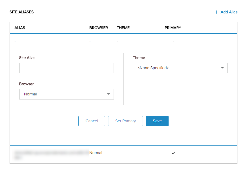 Site Settings > Site Behavior > Site Aliases — Add Alias