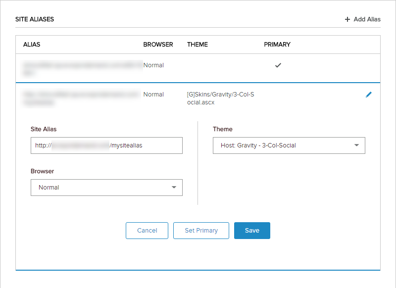 Site Settings > Site Behavior > Site Aliases — Edit Alias