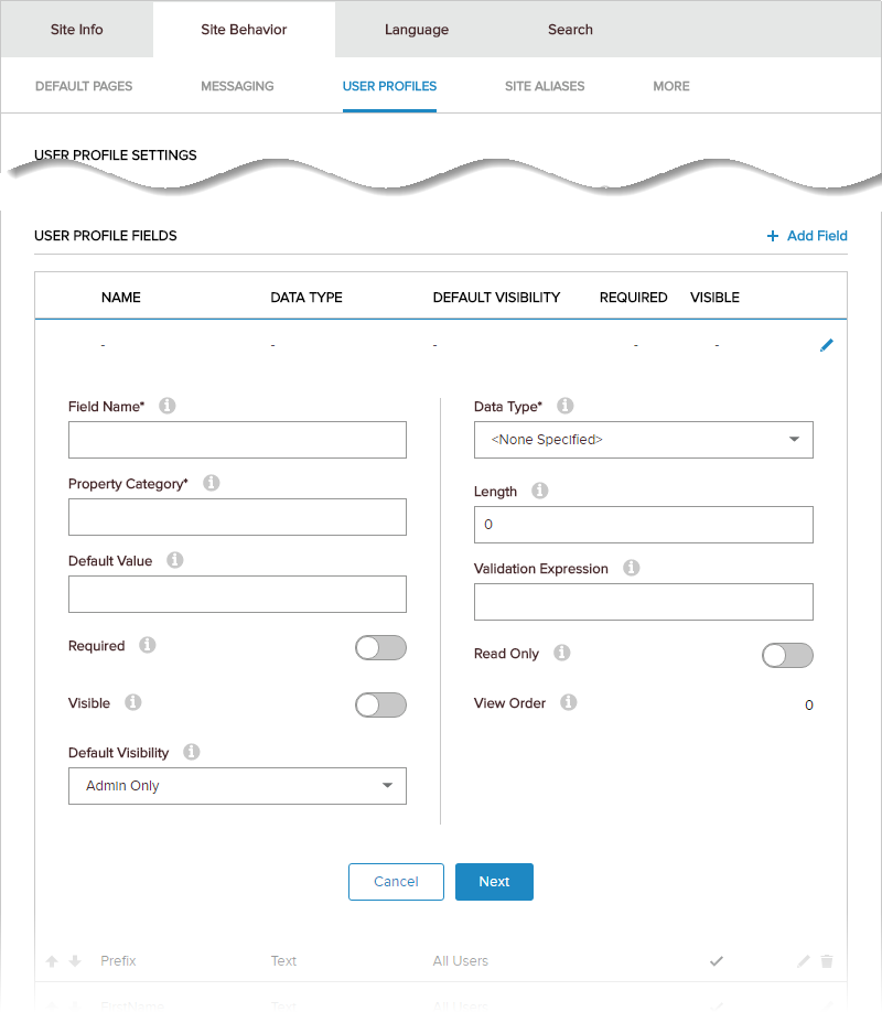 Site Settings > Site Behavior > User Profiles > User Profile Fields > New Field