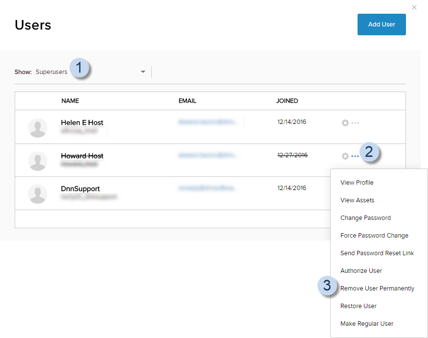 User List > Show: Superusers > find the user (names of deleted hosts are crossed out) > ellipses icon > Remove User Permanently