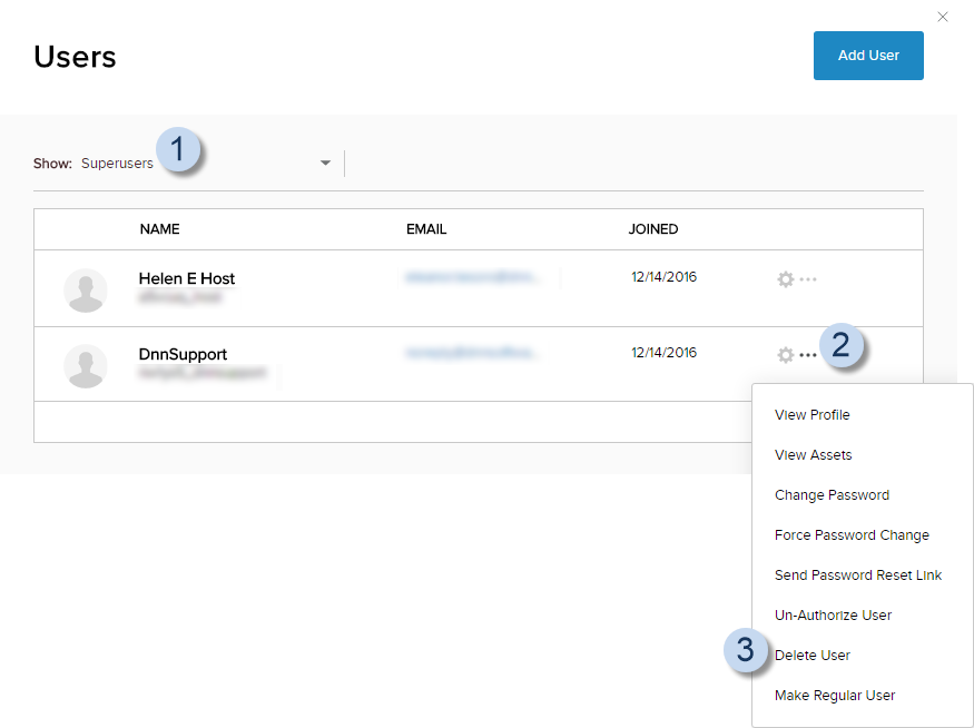 User List > Show: Superusers > find the user > ellipses icon > Delete User