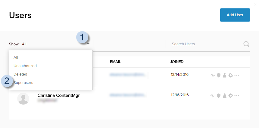 User List > Show dropdown > Superusers