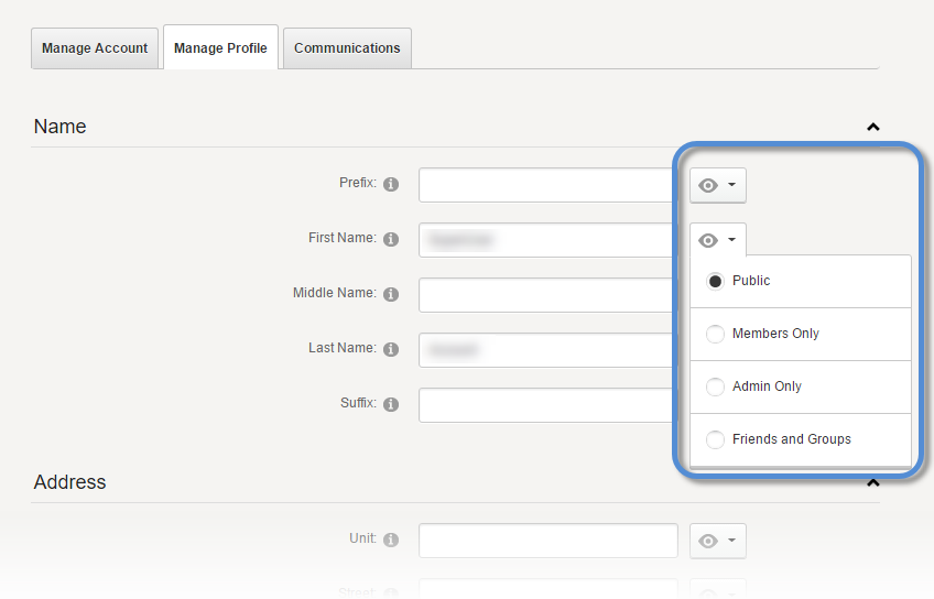 Field visibility controls for each field in the user's profile page.