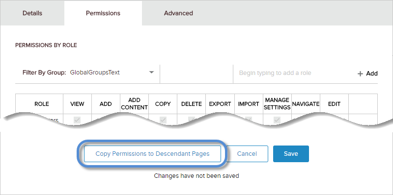 Pages > Permissions tab > Copy Permissions to Descendant Pages